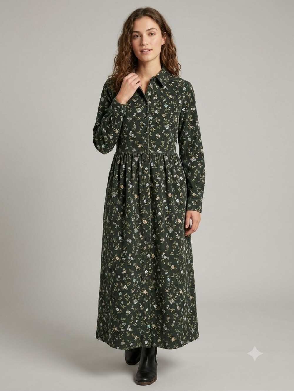VTG Erika & Co Womens Corduroy Dress Floral Long Sleeve Size L Prairie